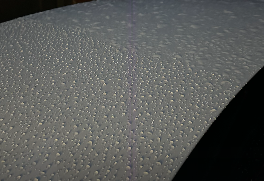 One bonnet under rain, coated on the left half and untreated on the right